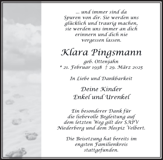 Traueranzeige von Klara Pingsmann von Tageszeitung