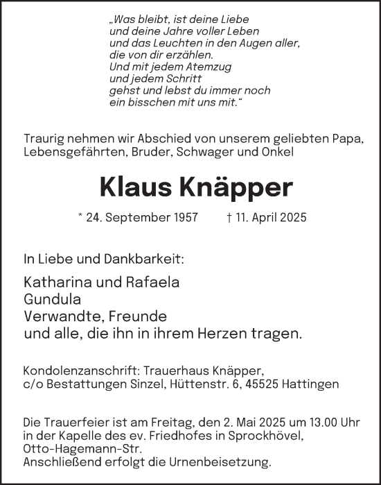 Traueranzeige von Klaus Knäpper von Tageszeitung