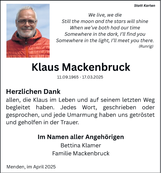 Traueranzeige von Klaus Mackenbruck von Tageszeitung
