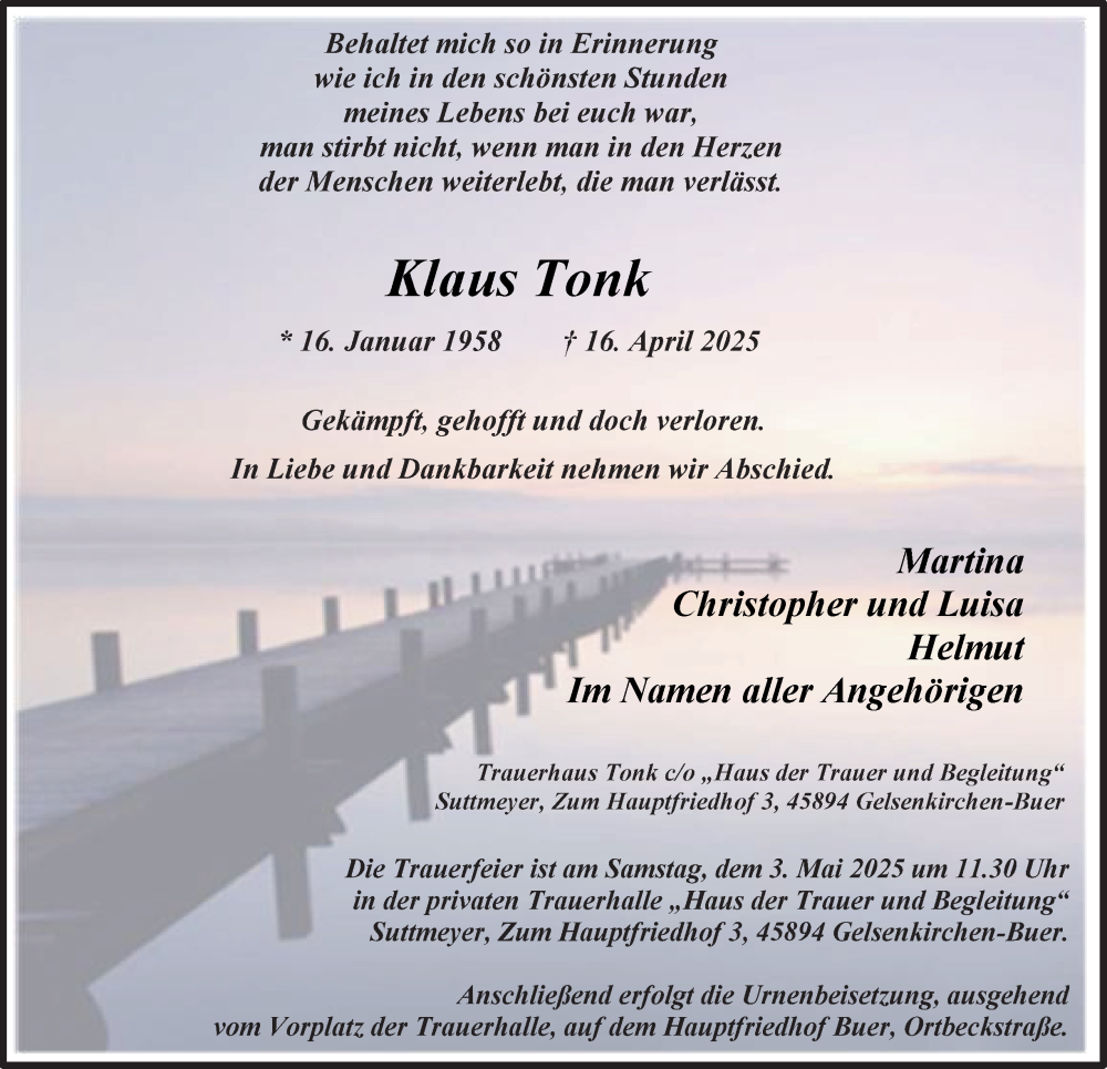  Traueranzeige für Klaus Tonk vom 26.04.2025 aus Tageszeitung