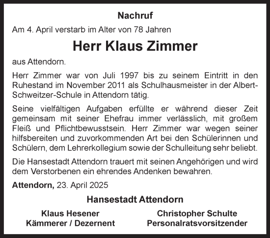 Traueranzeige von Klaus Zimmer von Tageszeitung