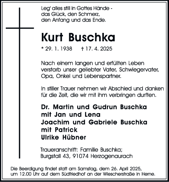 Traueranzeige von Kurt Buschka von Tageszeitung