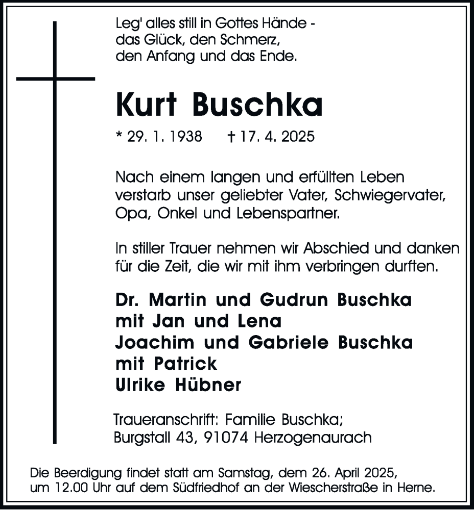  Traueranzeige für Kurt Buschka vom 25.04.2025 aus Tageszeitung