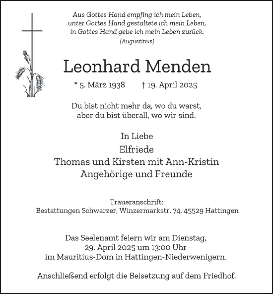Traueranzeige von Leonhard Menden von Tageszeitung