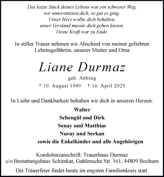 Traueranzeige von Liane Durmaz von Tageszeitung