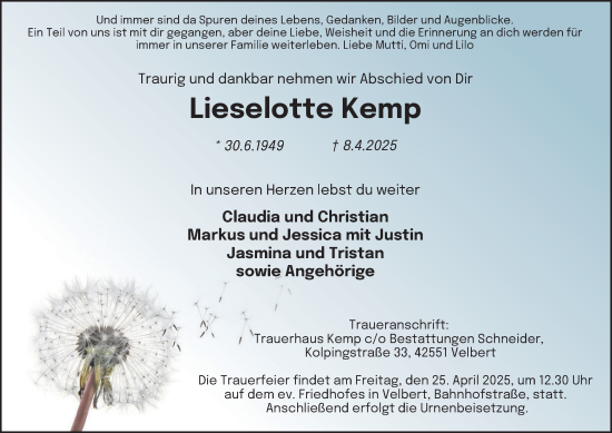 Traueranzeige von Lieselotte Kemp von Tageszeitung