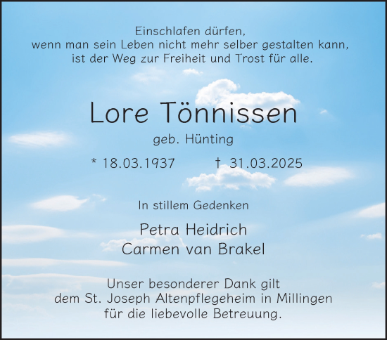 Traueranzeige von Lore Tönnissen von Tageszeitung
