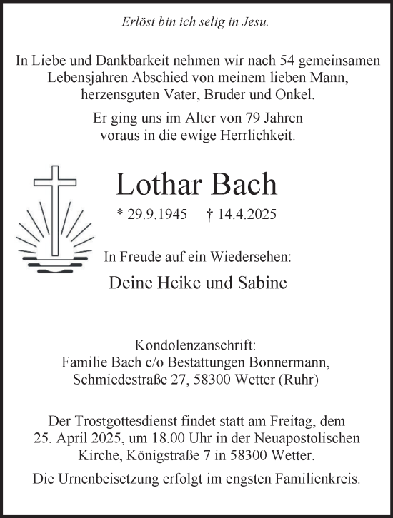 Traueranzeige von Lothar Bach von Tageszeitung