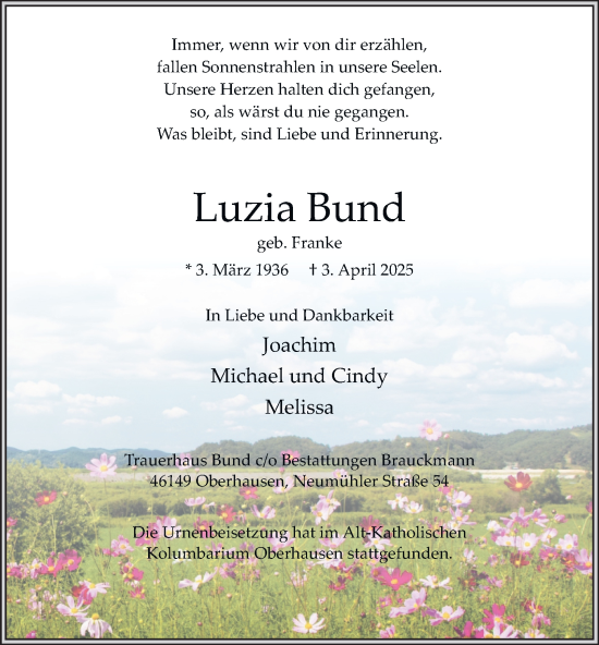 Traueranzeige von Luzia Bund von Tageszeitung