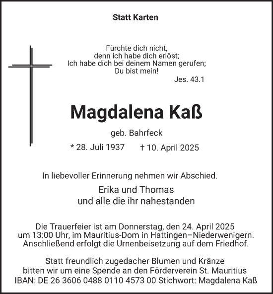 Traueranzeige von Magdalena Kaß von Tageszeitung