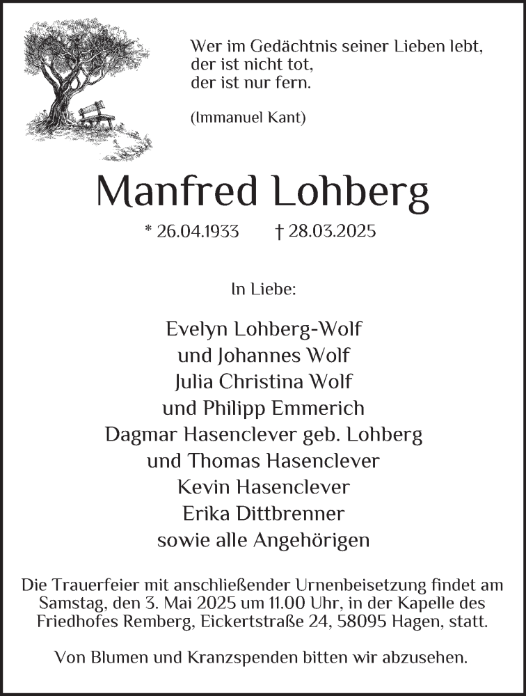  Traueranzeige für Manfred Lohberg vom 19.04.2025 aus Tageszeitung