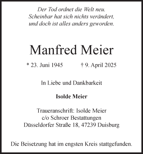 Traueranzeige von Manfred Meier von Tageszeitung
