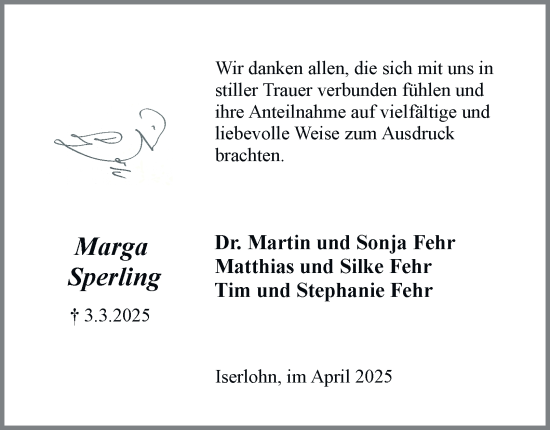 Traueranzeige von Marga Sperling von Tageszeitung