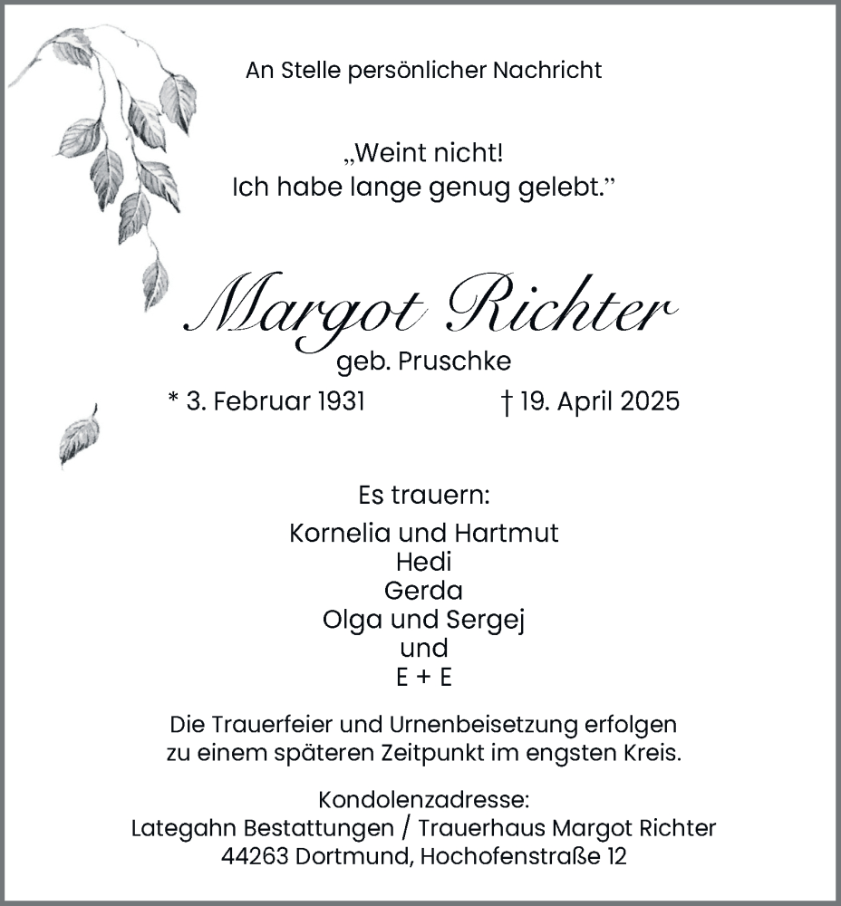  Traueranzeige für Margot Richter vom 26.04.2025 aus Tageszeitung