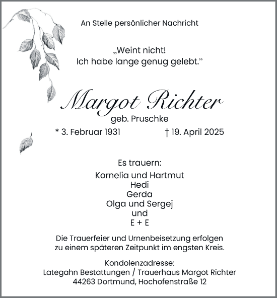 Traueranzeige von Margot Richter von Tageszeitung
