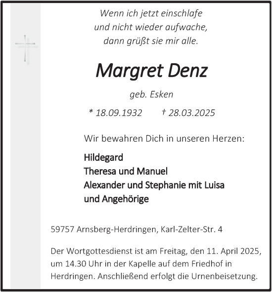 Traueranzeige von Margret Denz von Tageszeitung