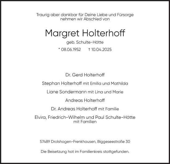 Traueranzeige von Margret Holterhoff von Tageszeitung