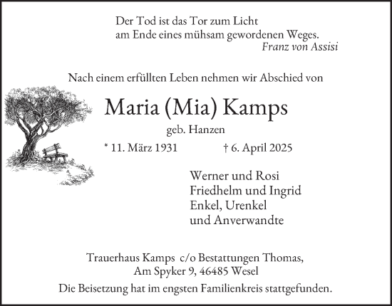 Traueranzeige von Maria Kamps von Tageszeitung