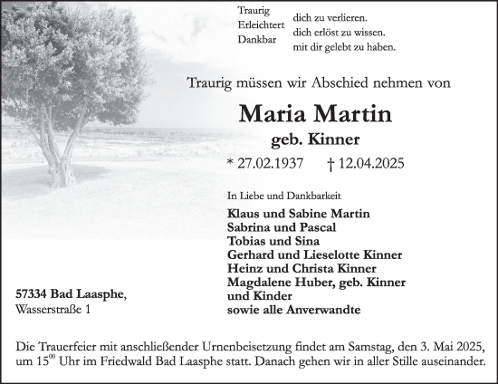 Traueranzeige von Maria Martin von Tageszeitung