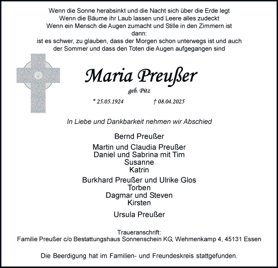 Traueranzeige von Maria Preußer von Tageszeitung