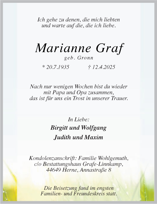 Traueranzeige von Marianne Graf von Tageszeitung
