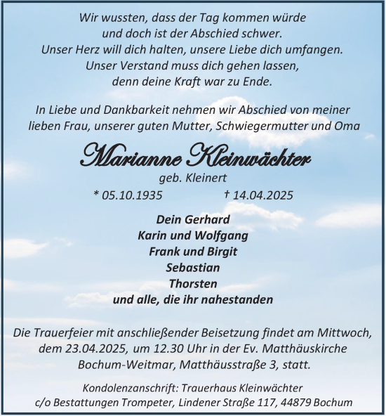 Traueranzeige von Marianne Kleinwächter von Tageszeitung