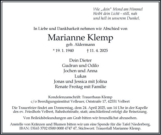 Traueranzeige von Marianne Klemp von Tageszeitung