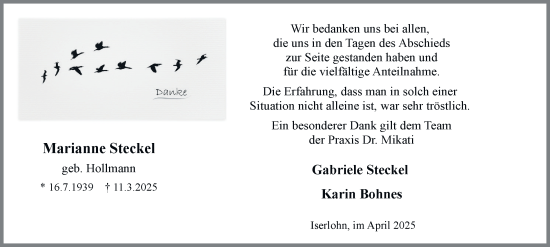 Traueranzeige von Marianne Steckel von Tageszeitung