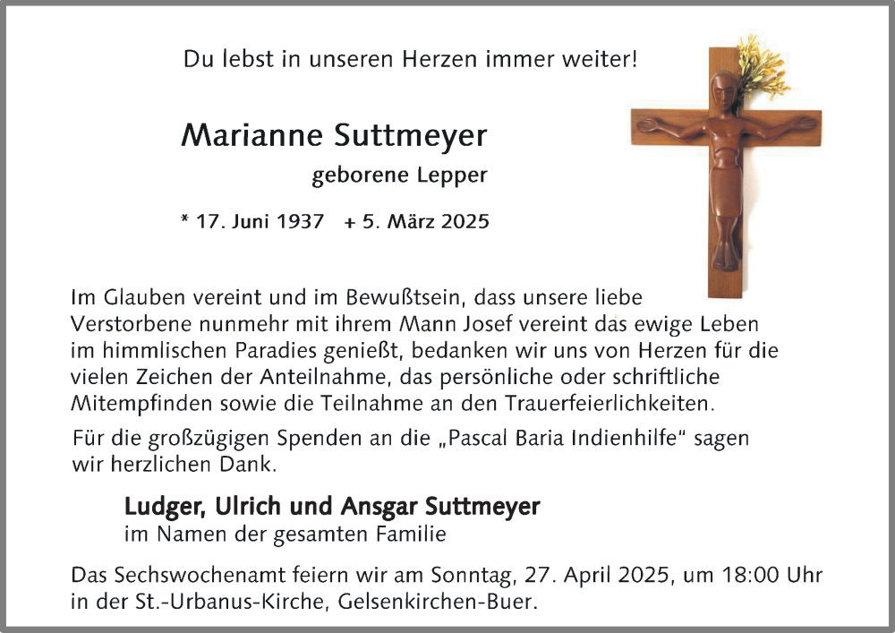  Traueranzeige für Marianne Suttmeyer vom 12.04.2025 aus Tageszeitung