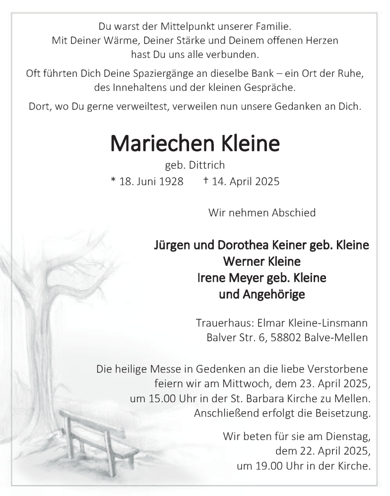  Traueranzeige für Mariechen Kleine vom 19.04.2025 aus Tageszeitung