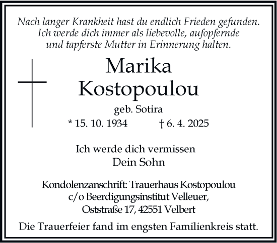 Traueranzeige von Marika Kostopoulou von Tageszeitung