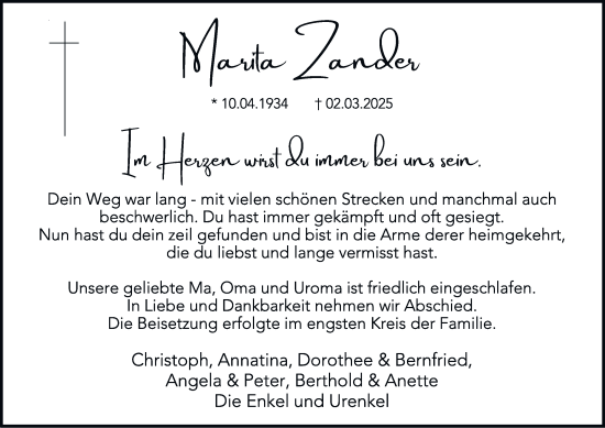 Traueranzeige von Marita Zander von Tageszeitung