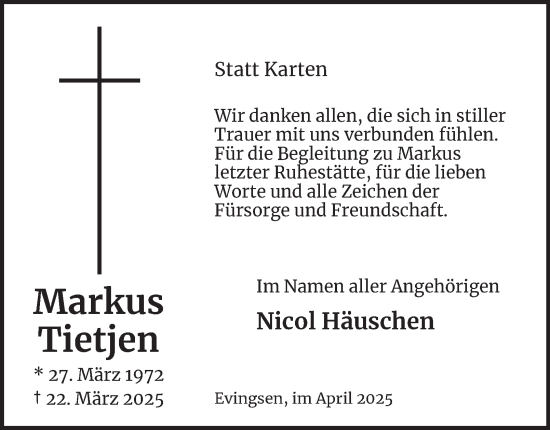 Traueranzeige von Markus Tietjen von Tageszeitung
