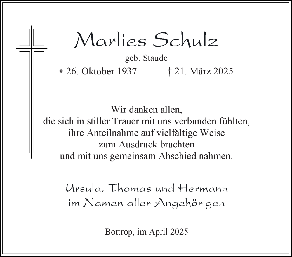  Traueranzeige für Marlies Schulz vom 26.04.2025 aus Tageszeitung