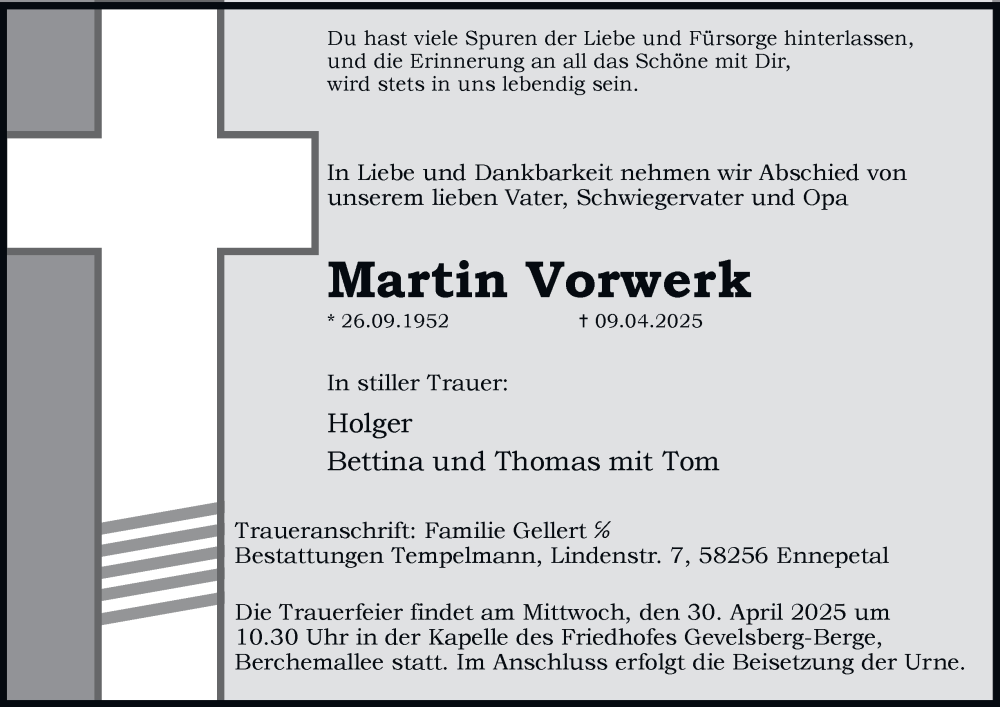 Traueranzeige für Martin Vorwerk vom 26.04.2025 aus Tageszeitung