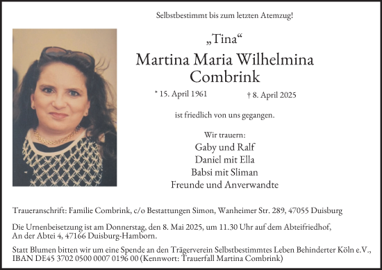 Traueranzeige von Martina  Combrink von Tageszeitung