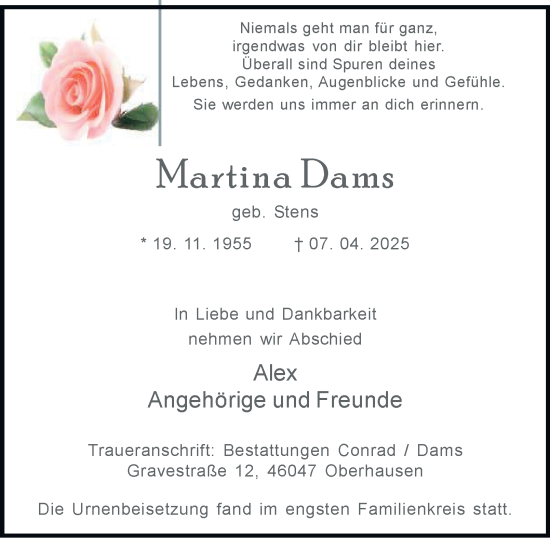 Traueranzeige von Martina Dams von Tageszeitung