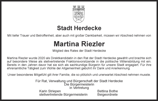 Traueranzeige von Martina Riezler von Tageszeitung