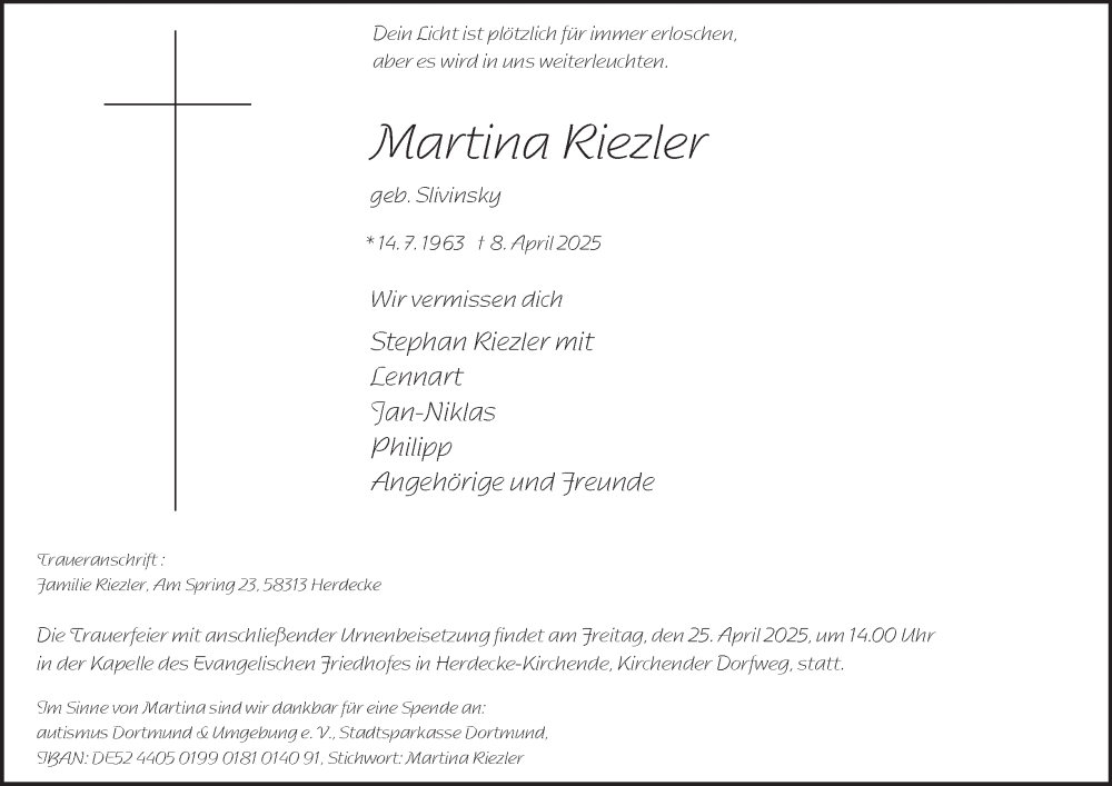  Traueranzeige für Martina Riezler vom 23.04.2025 aus Tageszeitung