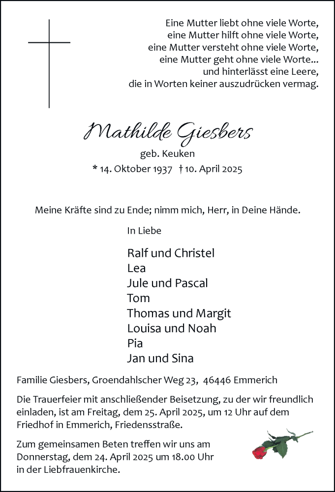  Traueranzeige für Mathilde Giesbers vom 19.04.2025 aus Tageszeitung