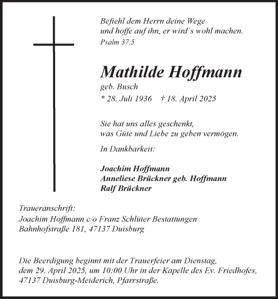 Traueranzeige von Mathilde Hoffmann von Tageszeitung