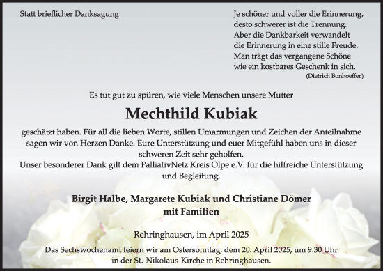 Traueranzeige von Mechthild Kubiak von Tageszeitung
