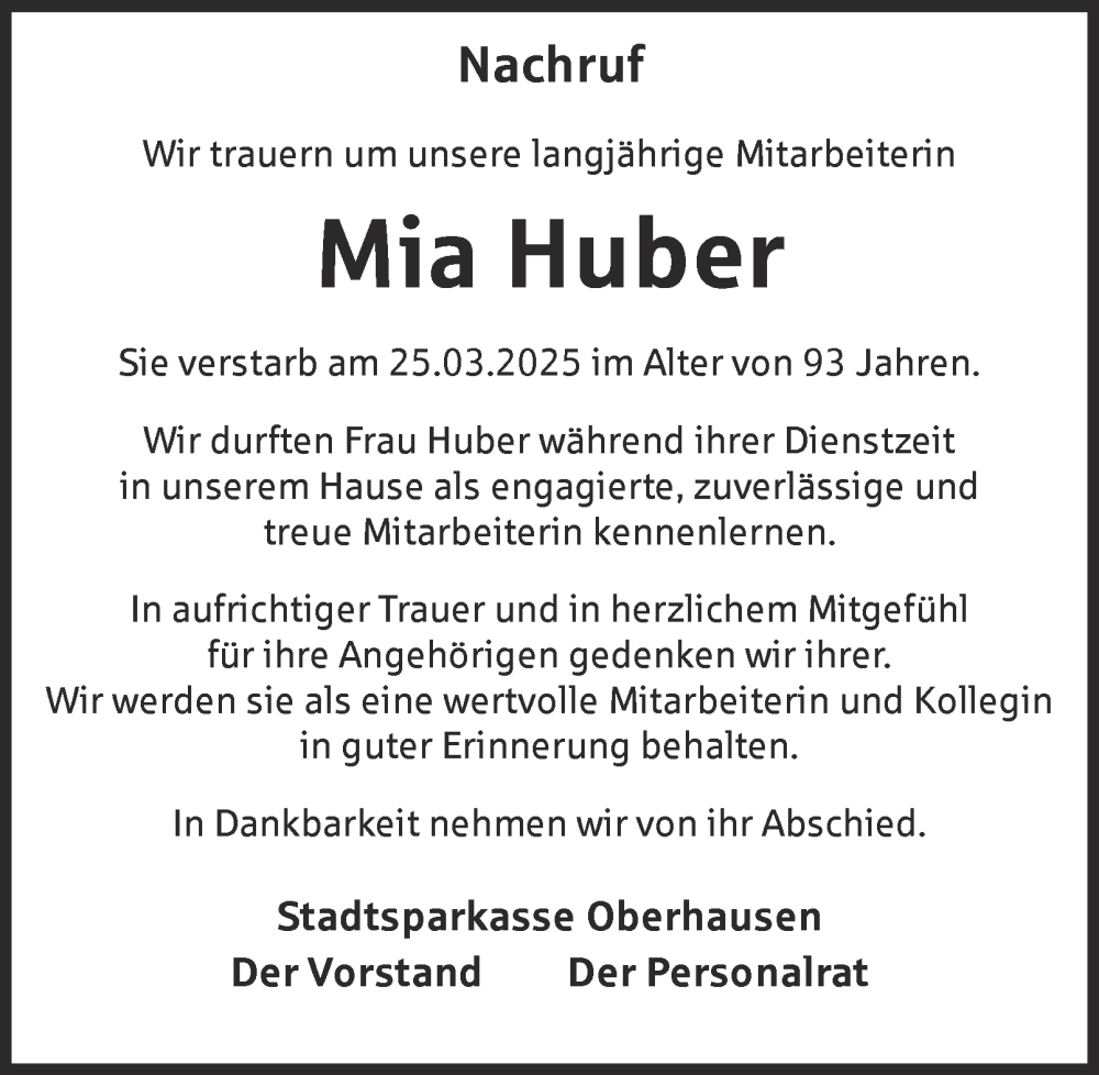  Traueranzeige für Mia Huber vom 19.04.2025 aus Tageszeitung