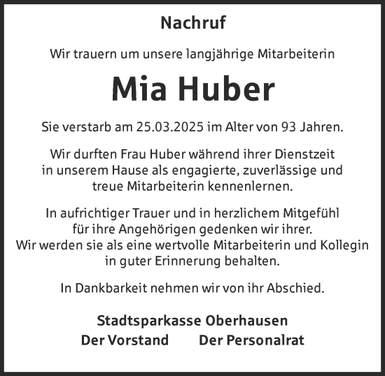 Traueranzeige von Mia Huber von Tageszeitung