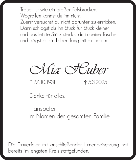 Traueranzeige von Mia Huber von Tageszeitung