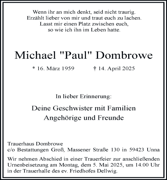 Traueranzeige von Michael Dombrowe von Tageszeitung
