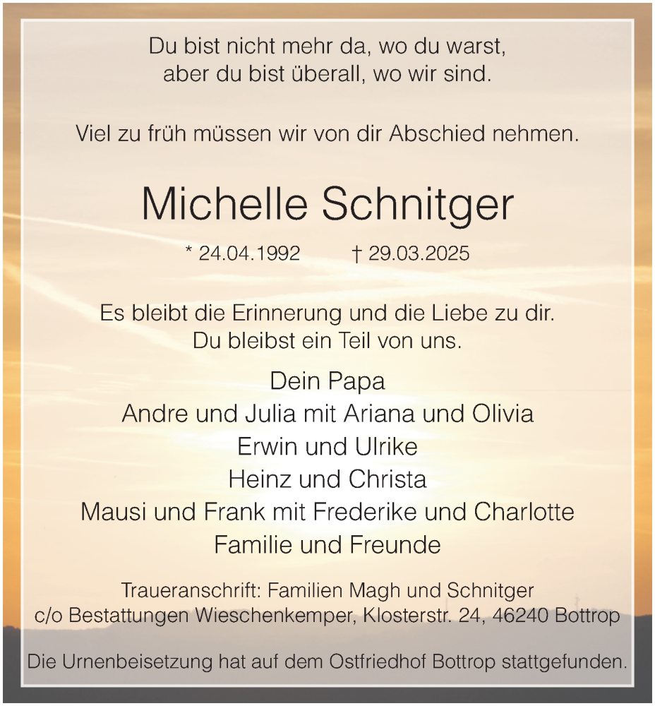  Traueranzeige für Michelle Schnitger vom 19.04.2025 aus Tageszeitung