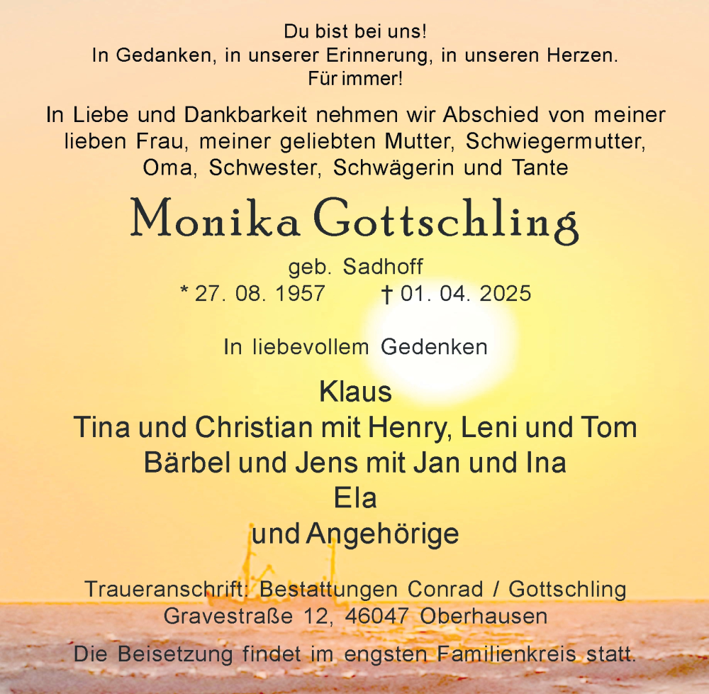  Traueranzeige für Monika Gottschling vom 19.04.2025 aus Tageszeitung