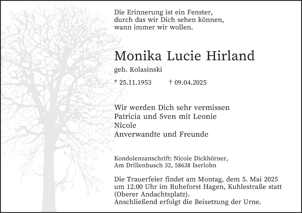  Traueranzeige für Monika Lucie Hirland vom 19.04.2025 aus Tageszeitung