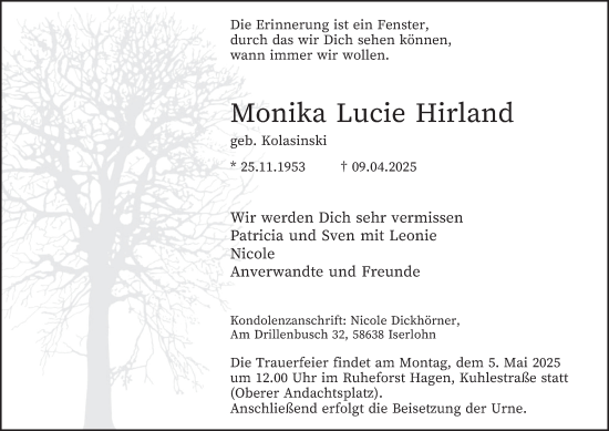 Traueranzeige von Monika Lucie Hirland von Tageszeitung